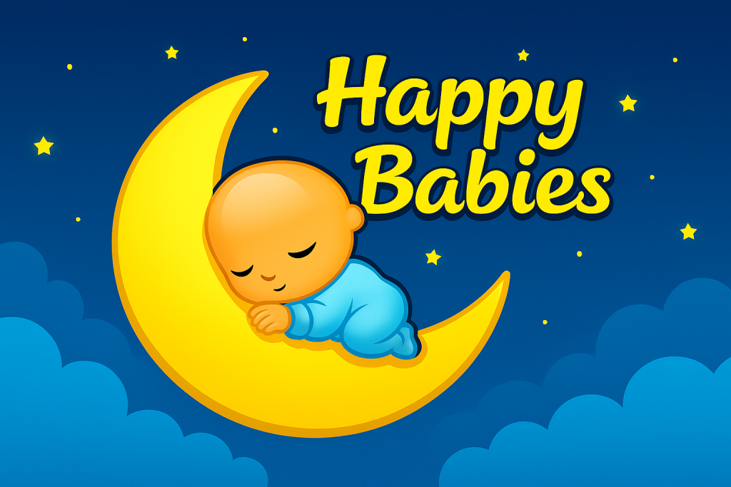 Official Happy Babies artwork featuring a sleeping baby on a moon, symbolizing calm and soothing bedtime music.